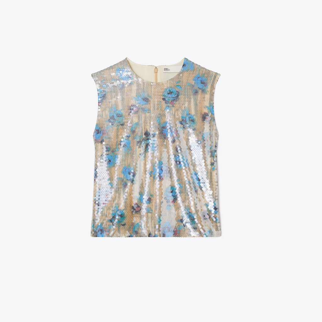 Tory Burch Sequin Shell Top - Blue Roses