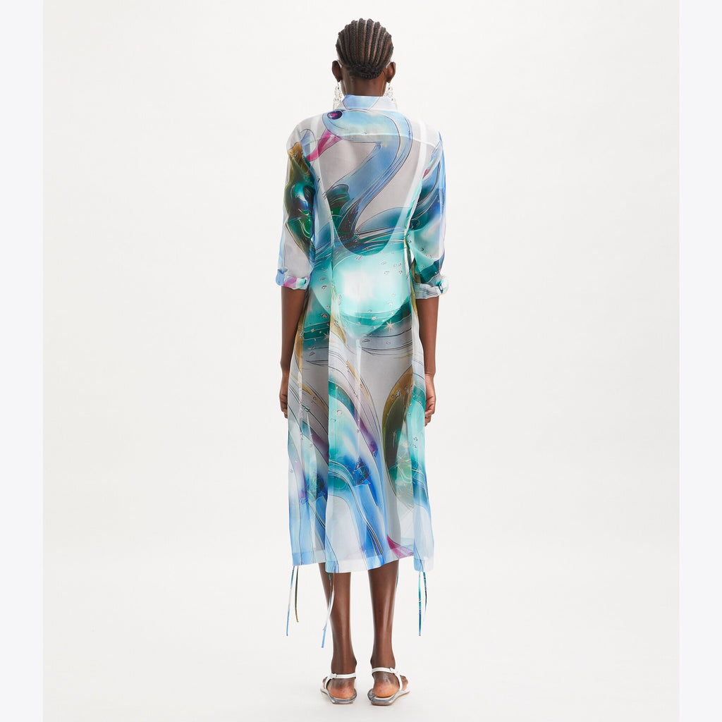 Tory Burch Silk Organza Shirtdress - Blue Glass Swan Large - 3