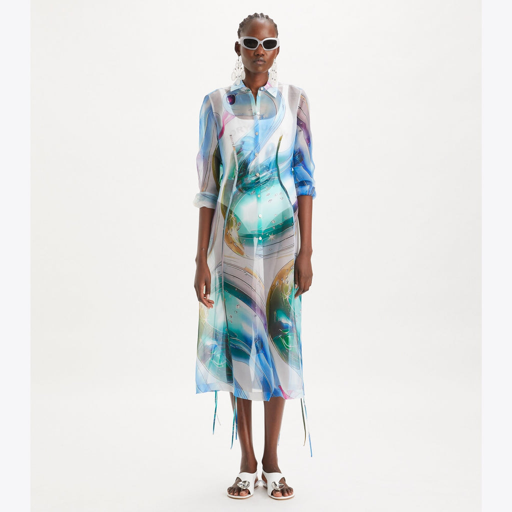 Tory Burch Silk Organza Shirtdress - Blue Glass Swan Large - 2