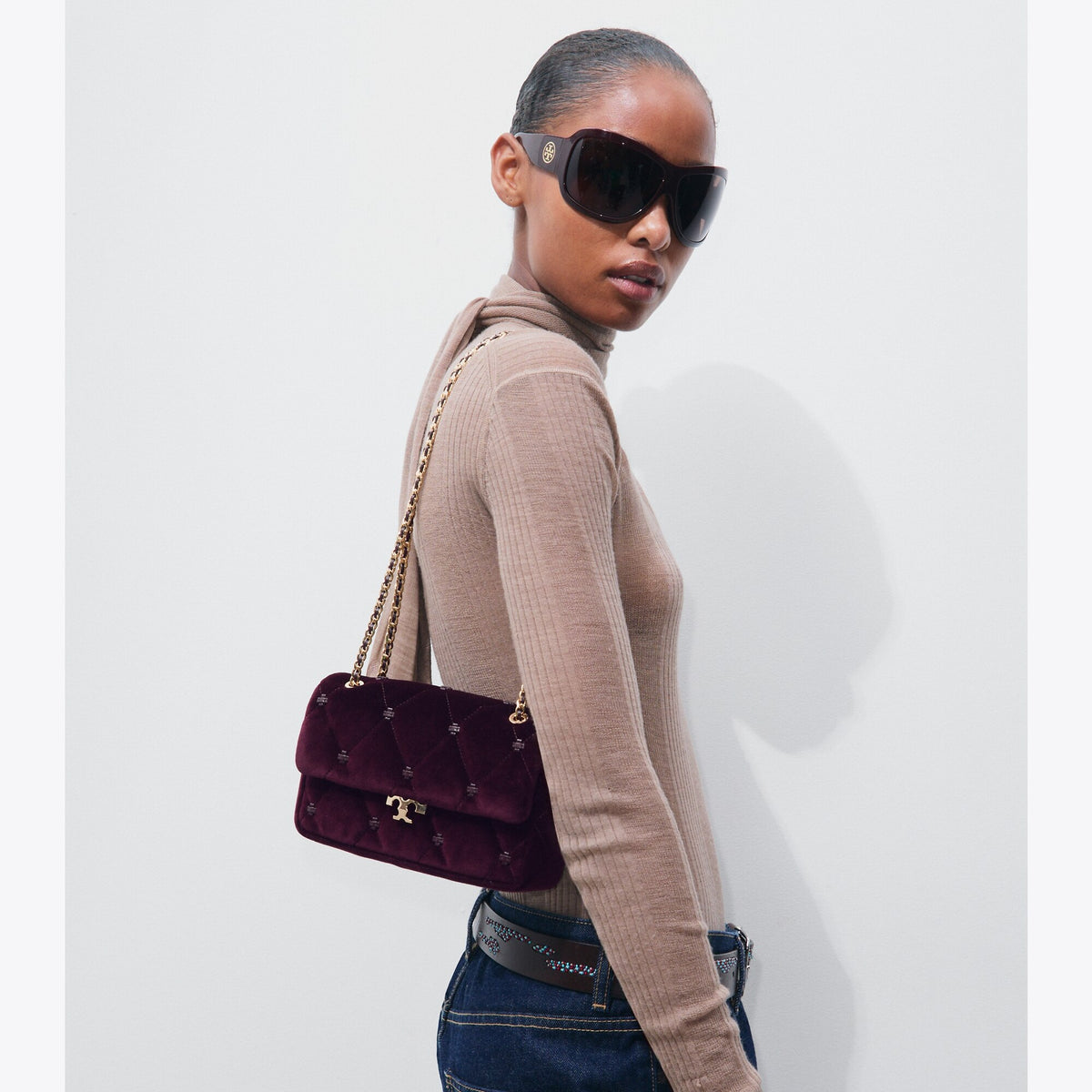 Tory Burch Small Bunny Knot Velvet Shoulder Bag - Dark Cherry - 2