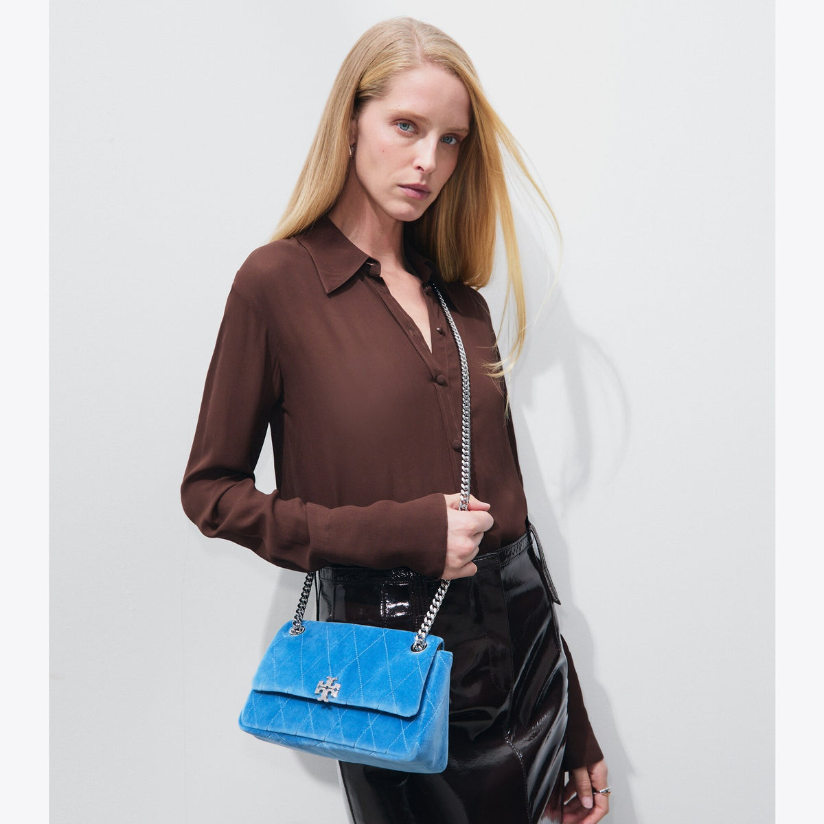 Tory Burch Small Charlie Quilted Velvet Pavé Shoulder Bag - Electric Blue - 3