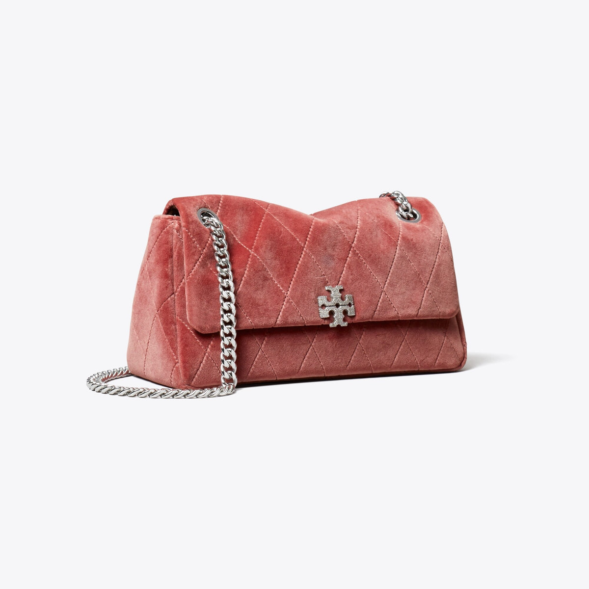 Tory Burch Small Charlie Quilted Velvet Pavé Shoulder Bag - Dusty Pink