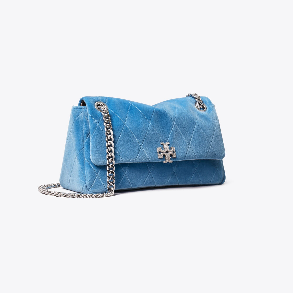 Tory Burch Small Charlie Quilted Velvet Pavé Shoulder Bag - Electric Blue