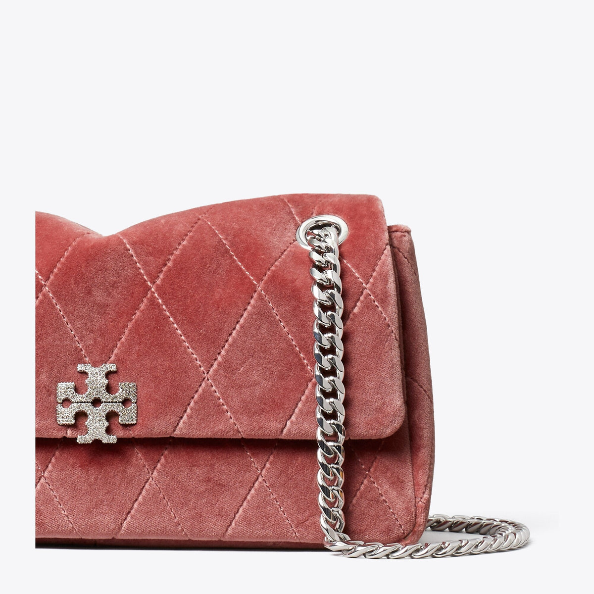 Tory Burch Small Charlie Quilted Velvet Pavé Shoulder Bag - Dusty Pink - 5