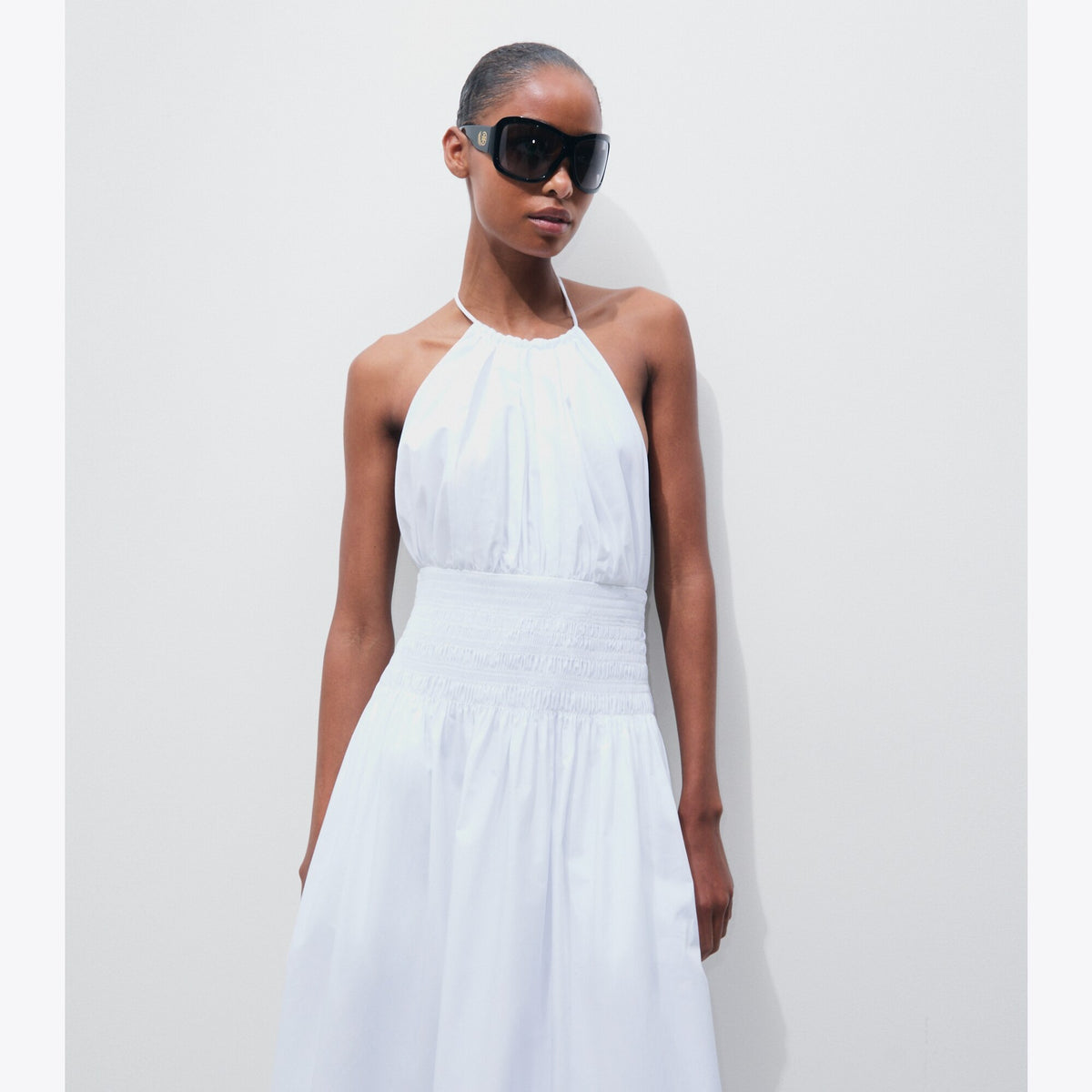 Tory Burch Smocked Poplin Halter Dress - White - 5