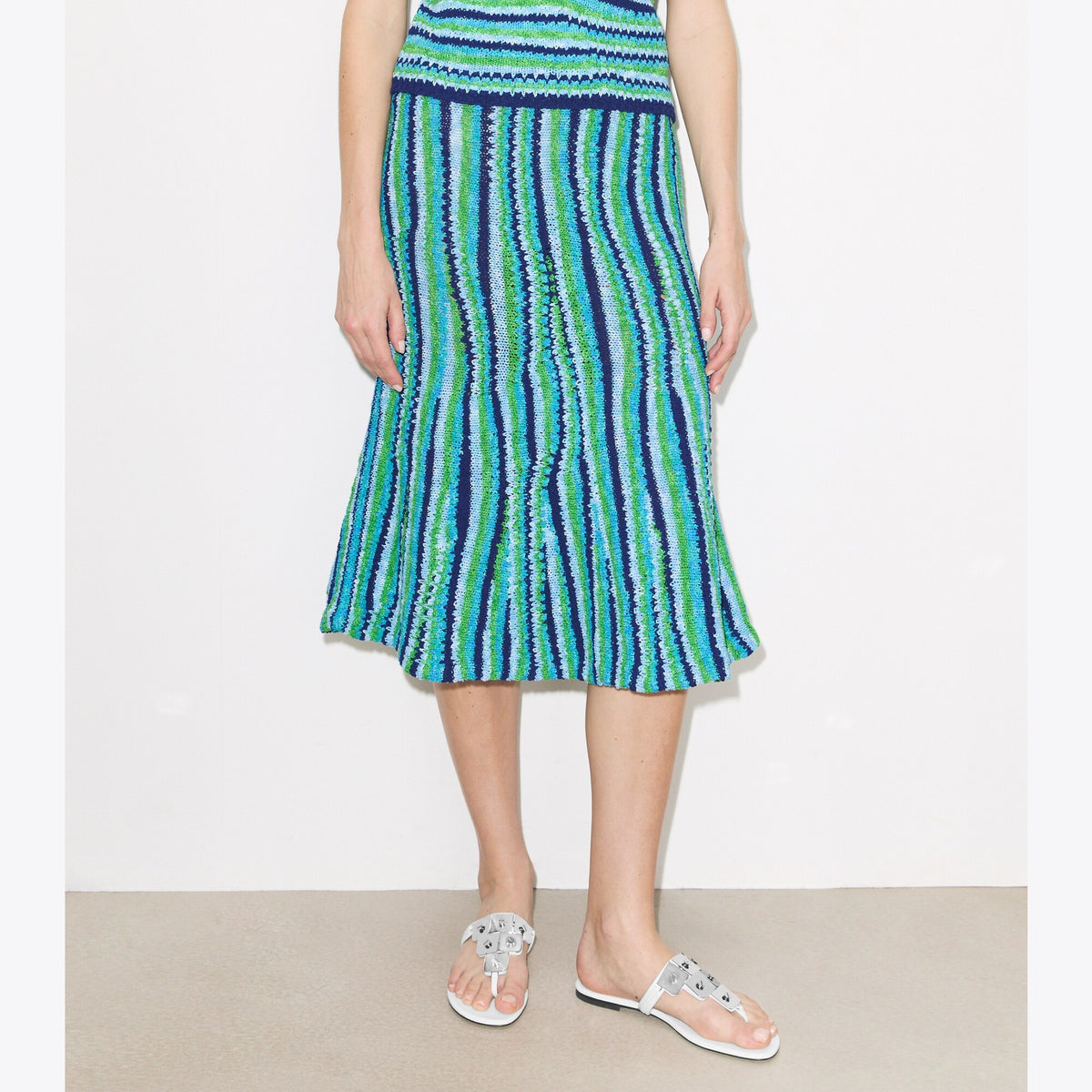 Tory Burch Striped Cotton Skirt - Ocean / Light Blue / Green - 5