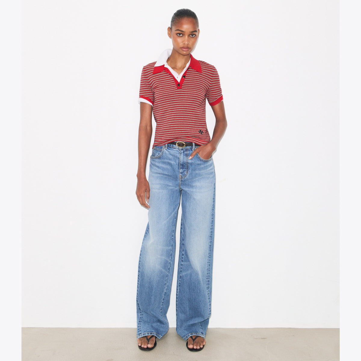 Tory Burch Striped Viscose Polo - Red / Navy / Ivory - 6