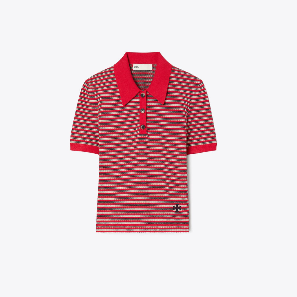 Tory Burch Striped Viscose Polo - Red / Navy / Ivory