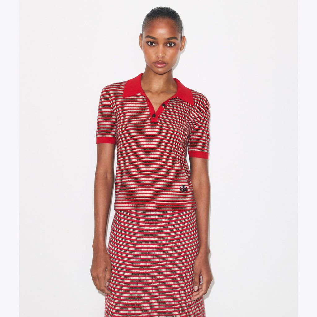 Tory Burch Striped Viscose Polo - Red / Navy / Ivory - 2
