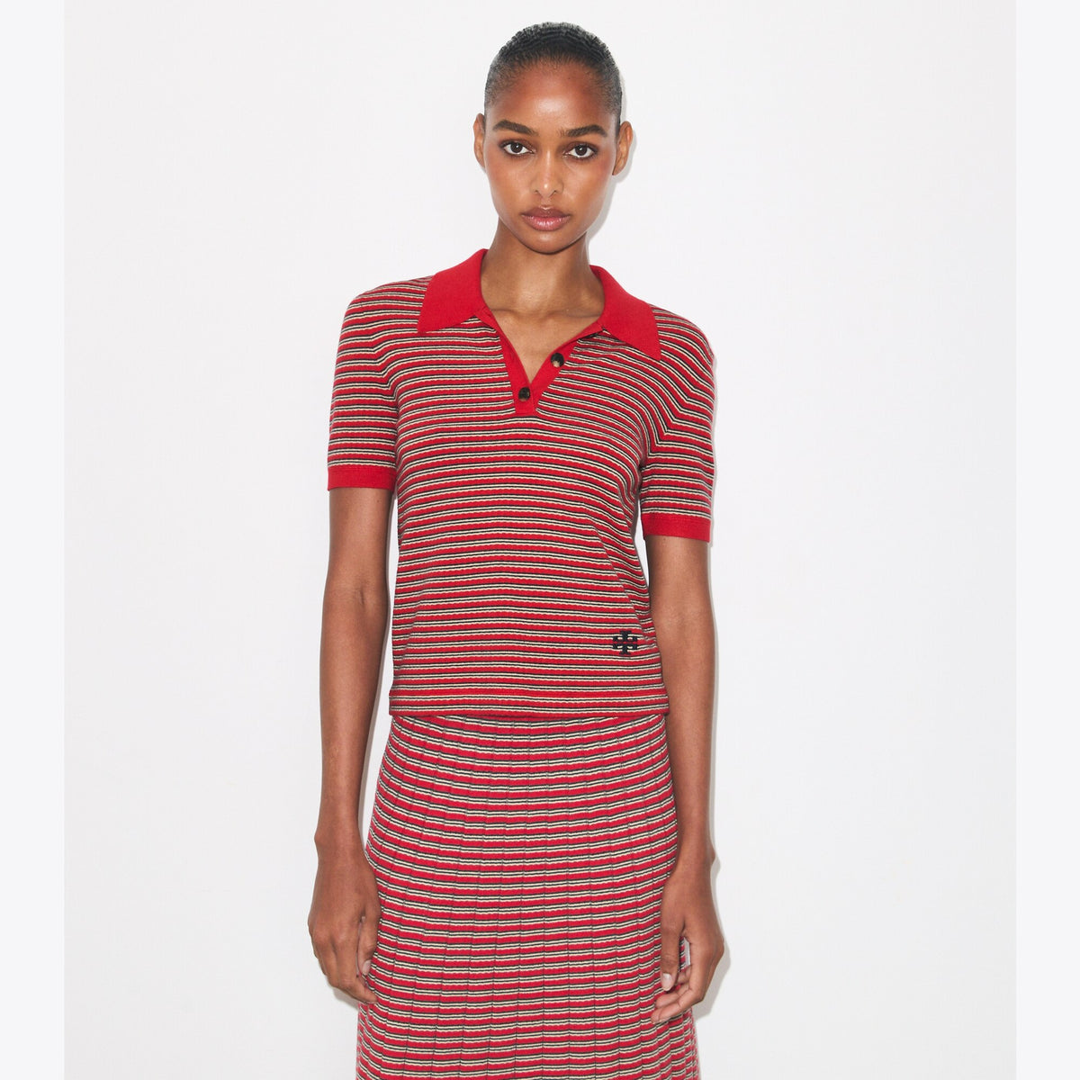 Tory Burch Striped Viscose Polo - Red / Navy / Ivory - 2