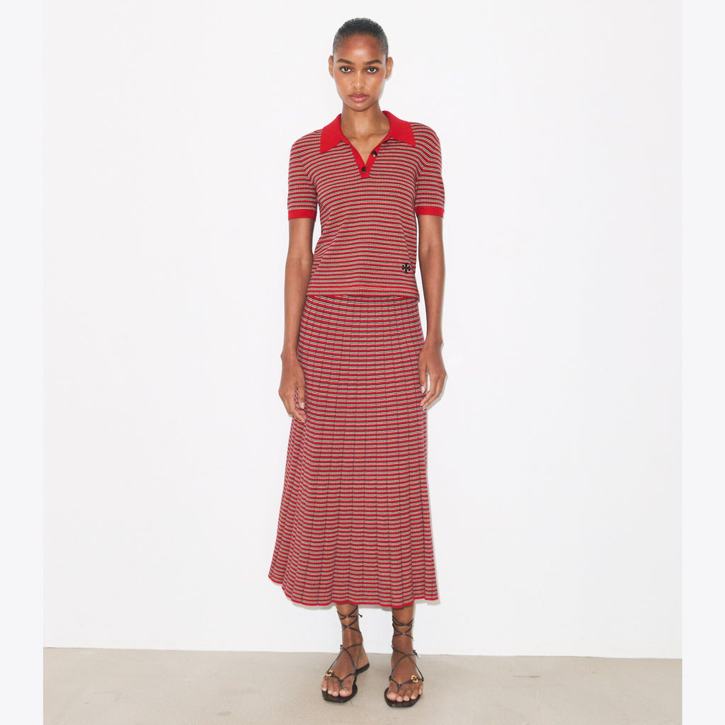 Tory Burch Striped Viscose Polo - Red / Navy / Ivory - 3