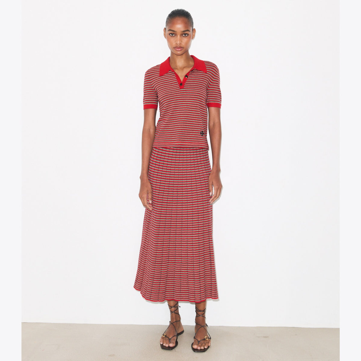 Tory Burch Striped Viscose Polo - Red / Navy / Ivory - 3