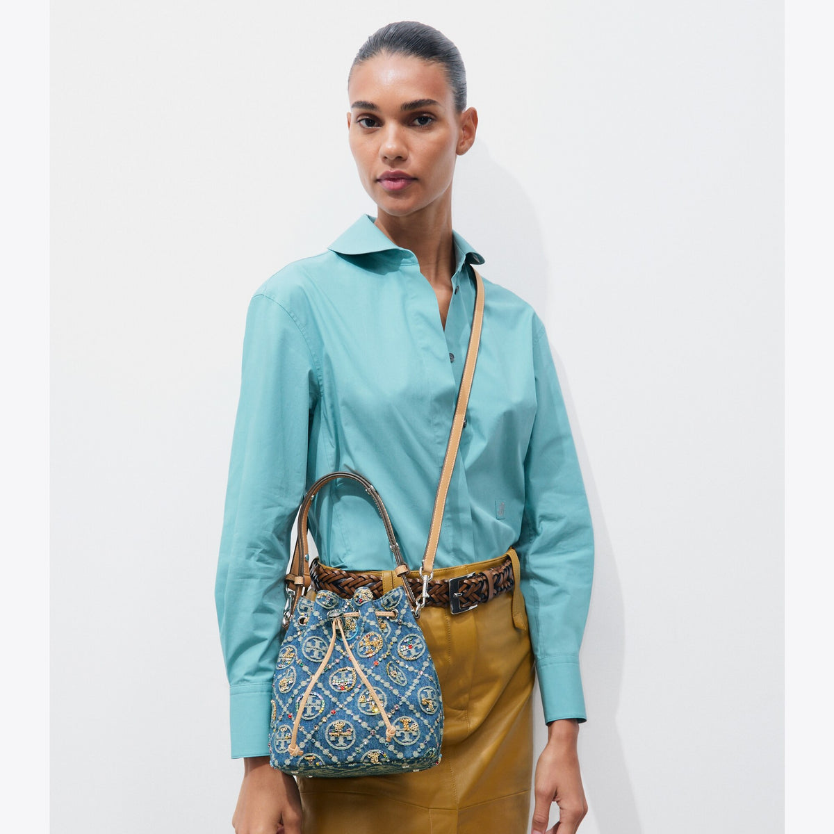 Tory Burch T Monogram Denim Embellished Bucket Bag - Deep Royal - 2