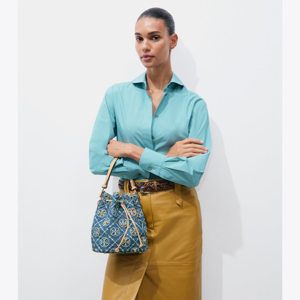 Tory Burch T Monogram Denim Embellished Bucket Bag - Deep Royal - 3