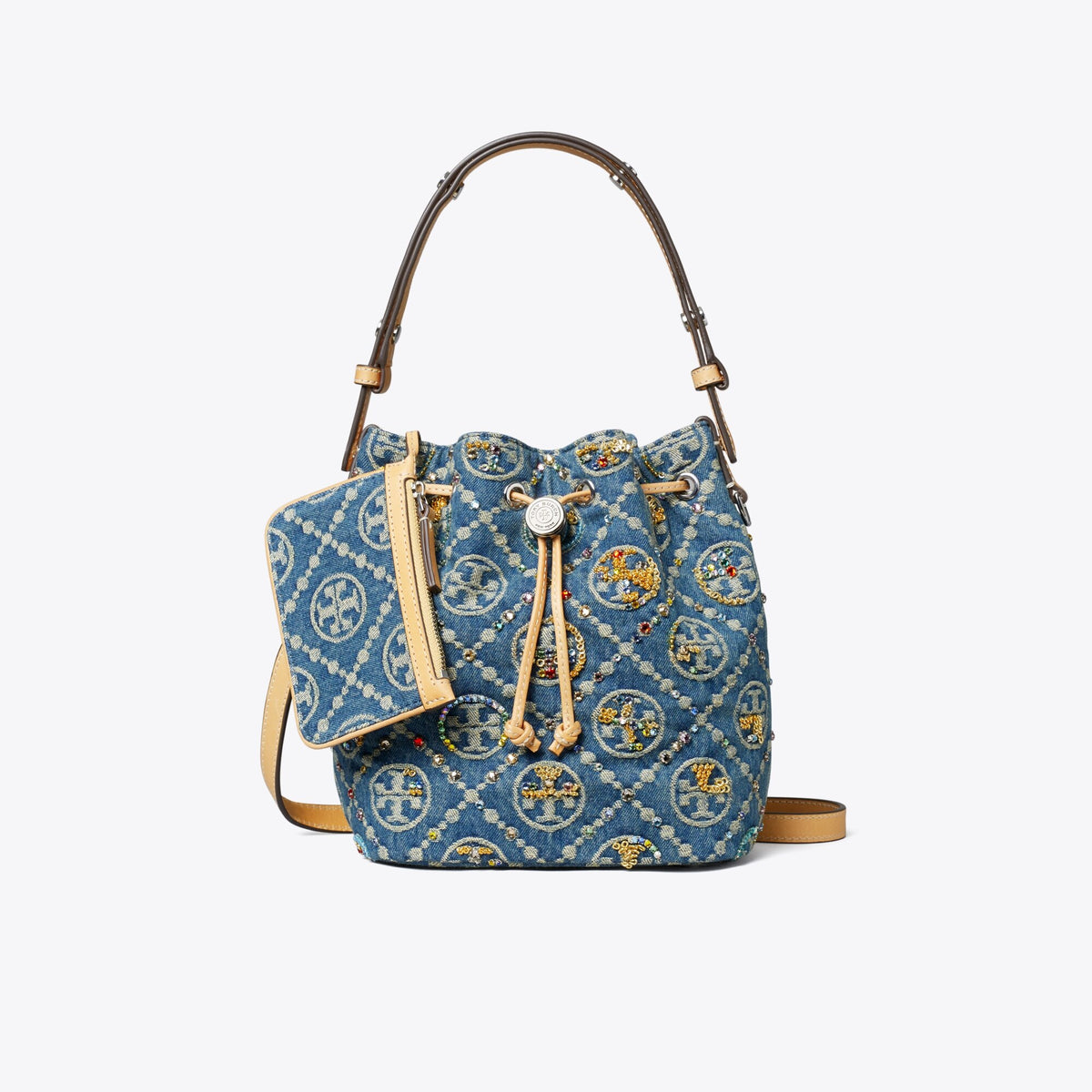 Tory Burch T Monogram Denim Embellished Bucket Bag - Deep Royal - 8