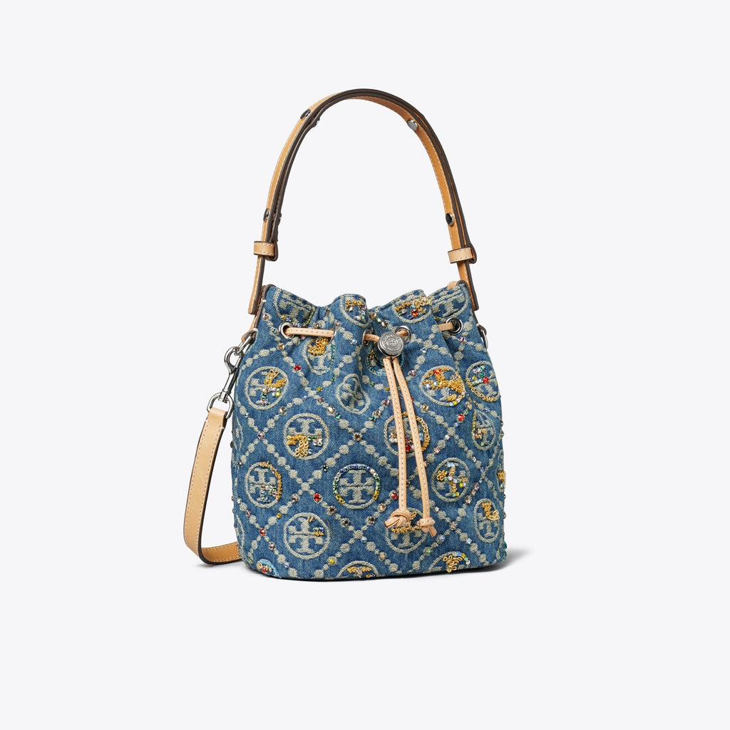 Tory Burch T Monogram Denim Embellished Bucket Bag - Deep Royal