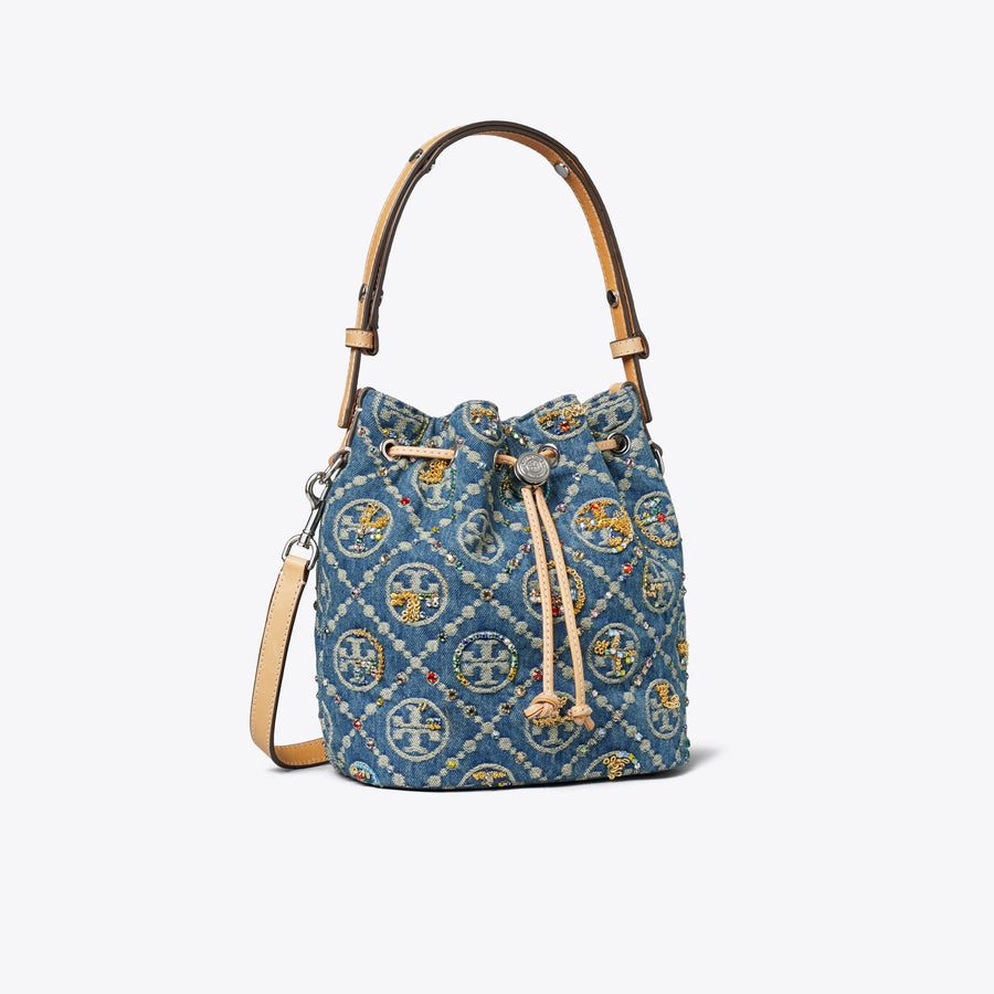 Tory Burch T Monogram Denim Embellished Bucket Bag