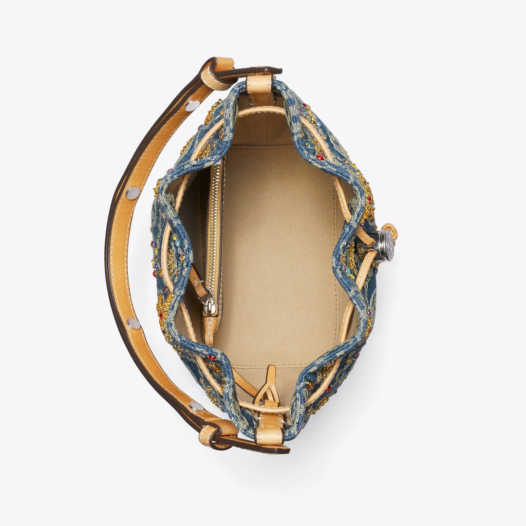 Tory Burch T Monogram Denim Embellished Bucket Bag - Deep Royal - 7