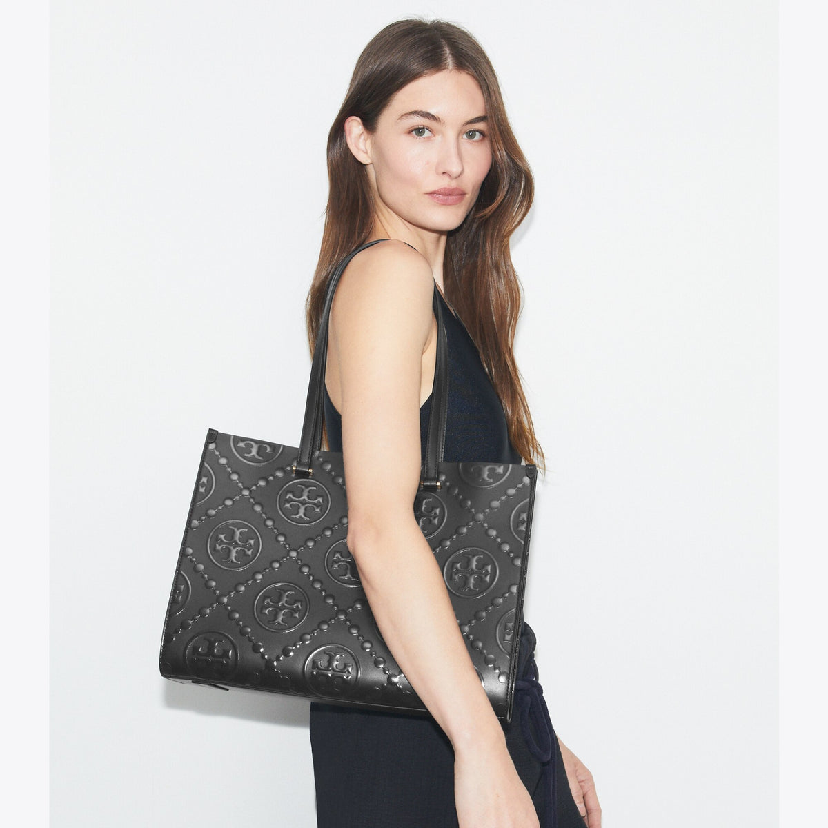 Tory Burch T Monogram Embossed Tote - Black/Black - 2