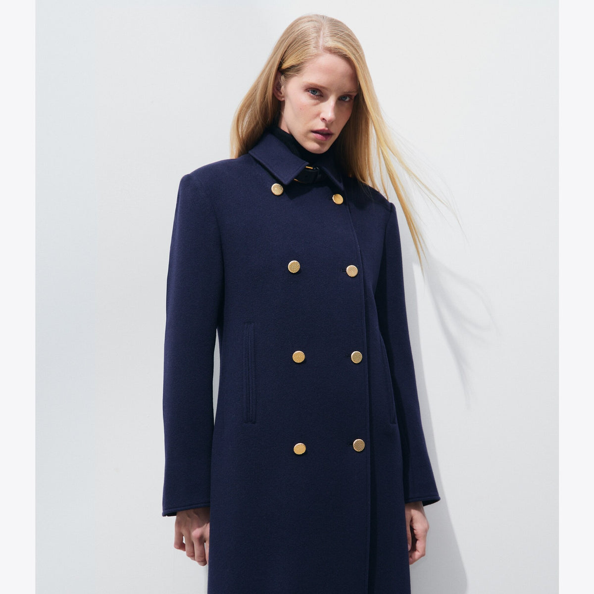 Tory Burch Tailored Long Wool Peacoat - Medium Navy - 5