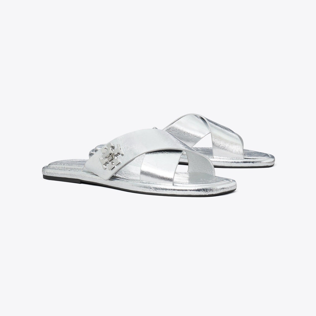 Tory Burch Turnlock Cross-Band Slide - Shiny Silver