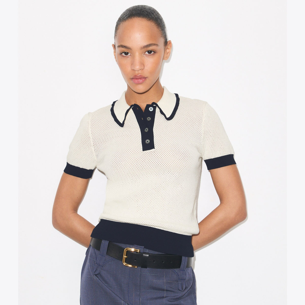 Tory Burch Viscose Pointelle Sweater - New Ivory / Medium Navy - 2