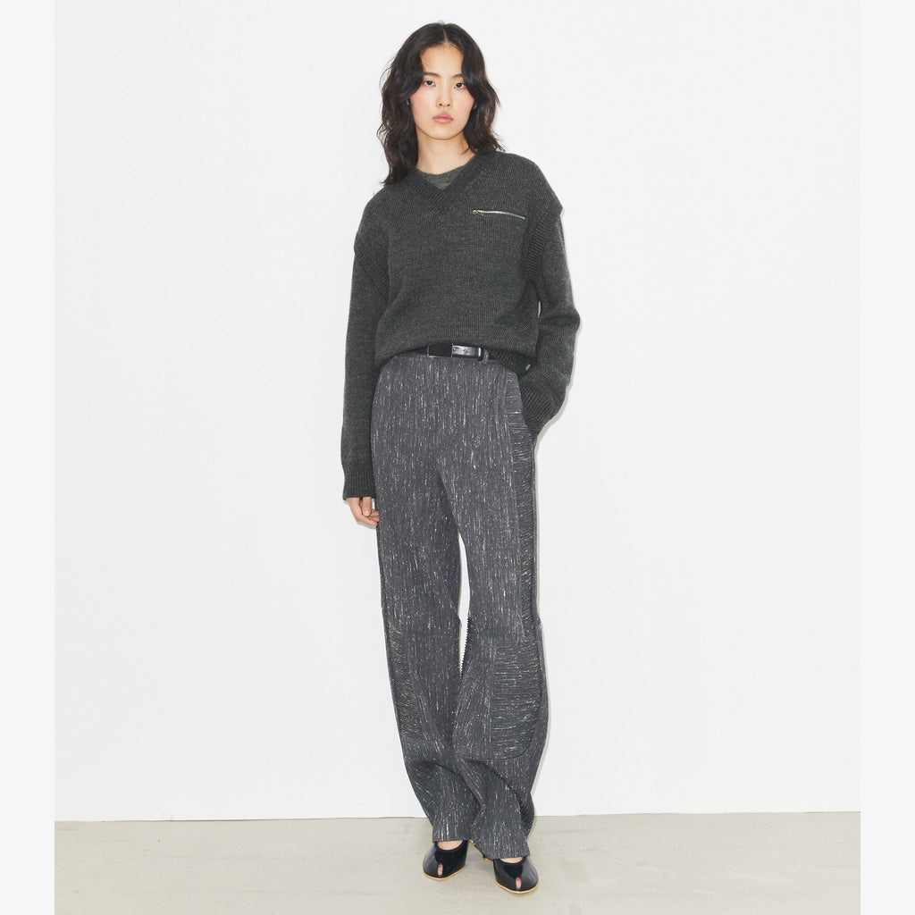 Tory Burch Wide-Leg Wool Pant - Charcoal/White - 2