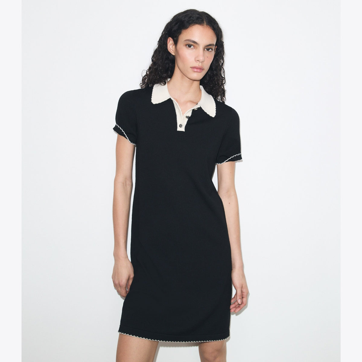 Tory Burch Wool Scalloped Polo Dress - Black / New Ivory - 2