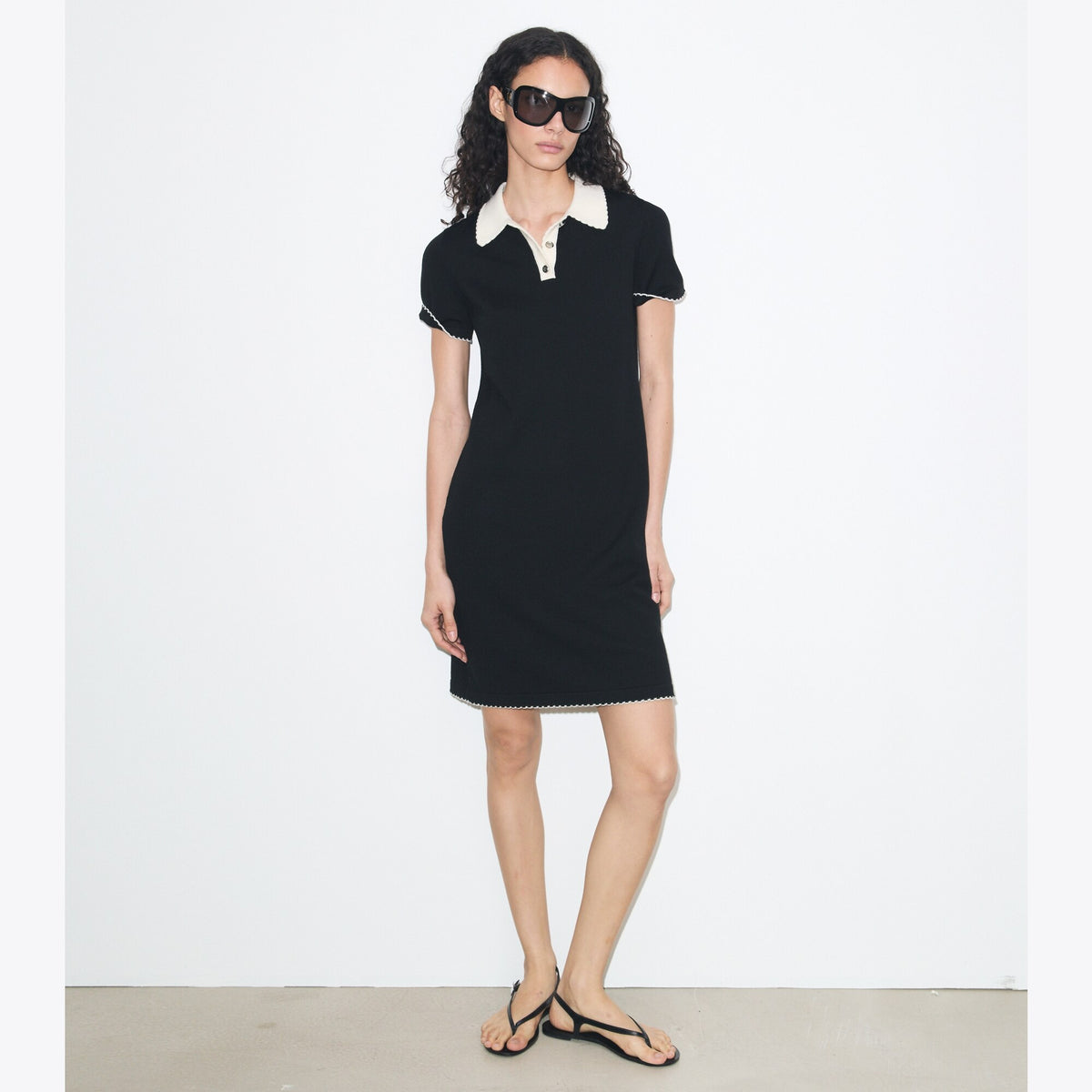 Tory Burch Wool Scalloped Polo Dress - Black / New Ivory - 3