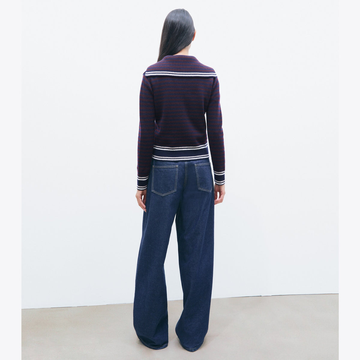 Tory Burch Wool Striped Collar Sweater - Navy / Dark Winterberry - 5