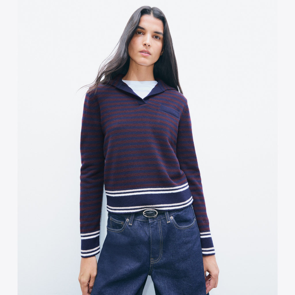 Tory Burch Wool Striped Collar Sweater - Navy / Dark Winterberry - 2