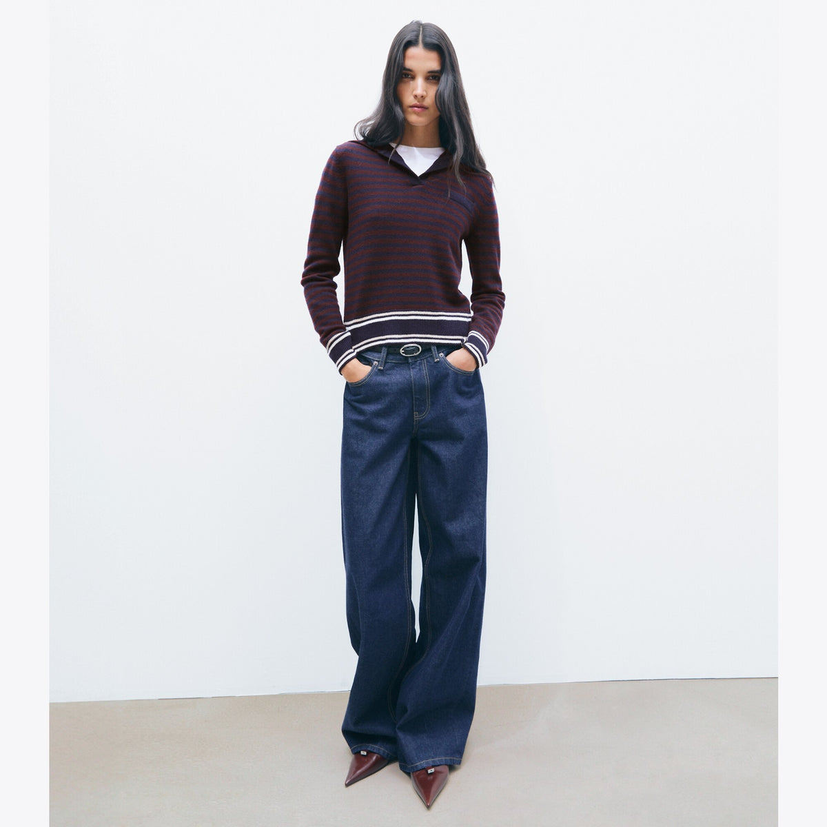 Tory Burch Wool Striped Collar Sweater - Navy / Dark Winterberry - 3