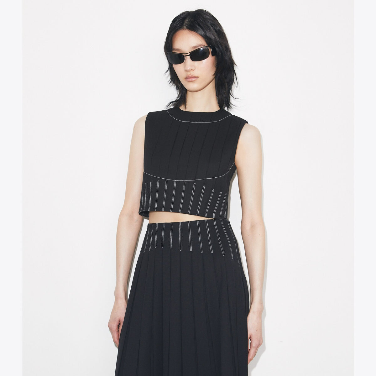 Tory Burch Wool Twill Pleated Top - Black - 2